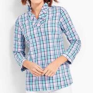 Talbots Gingham Popover Blouse Non Iron EUC 100% Cotton Ruffled Collar Mint